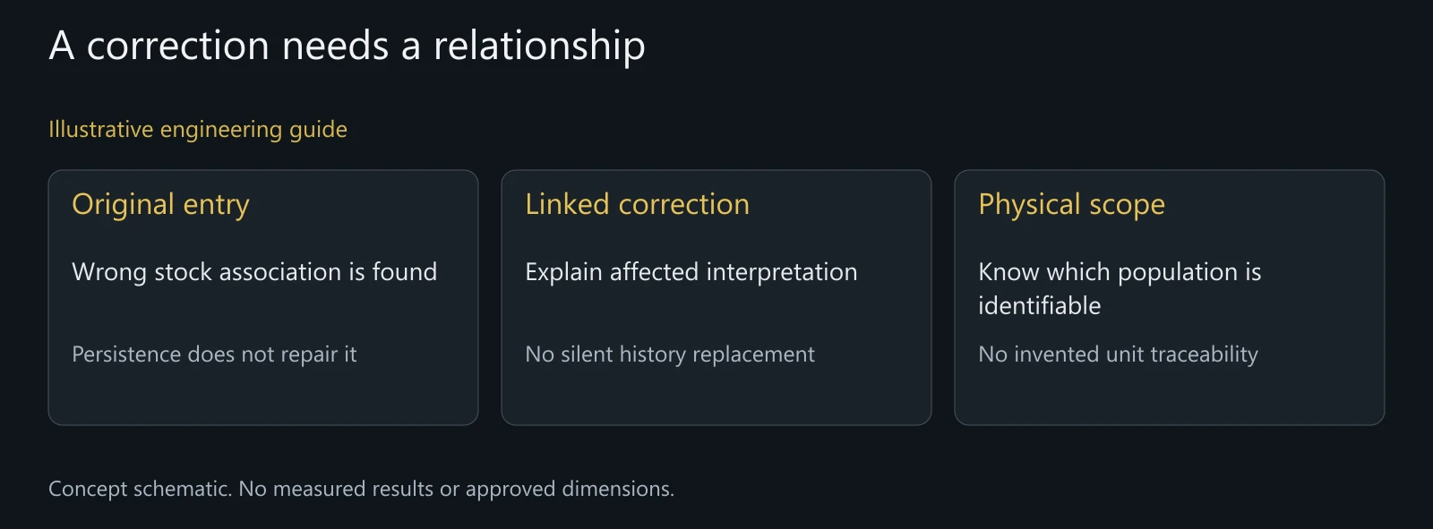 Illustrative correction review, not a tested blockchain, real error record or approved disposition.