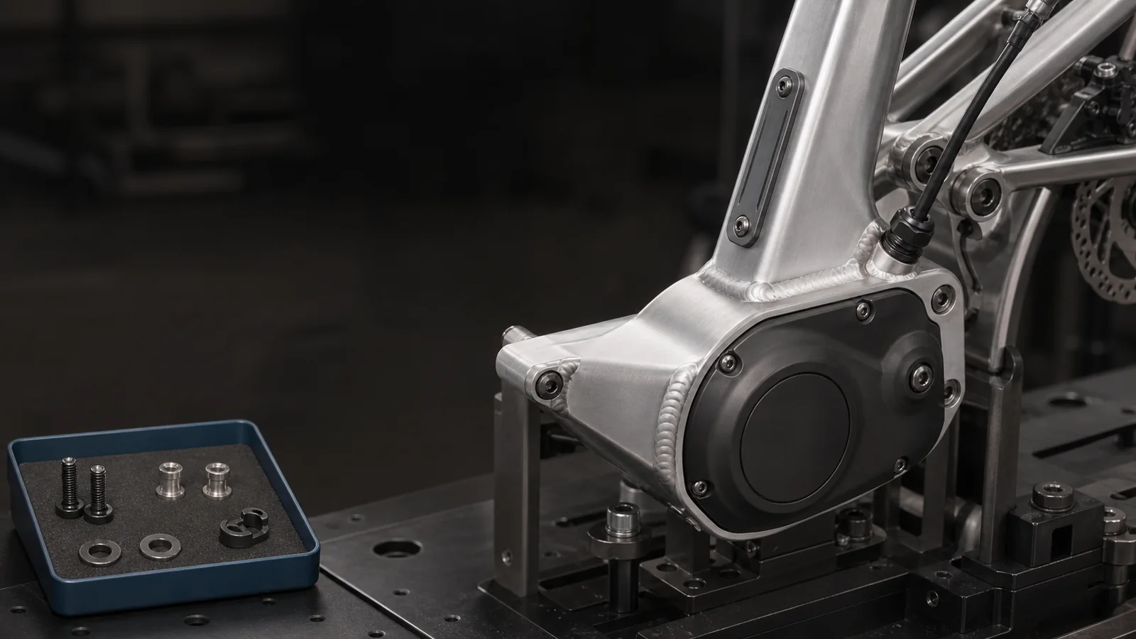E-bike frame system with motor mounts, sealed cable entry, and precision hardware