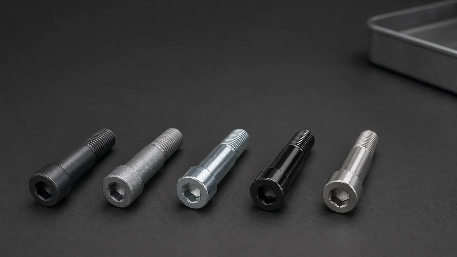 Five identical bicycle shoulder bolts with different corrosion-resistant finishes