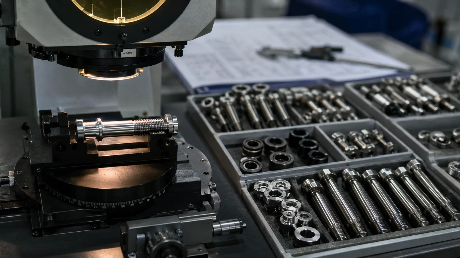 Fastener samples and inspection equipment prepared for supplier quality review
