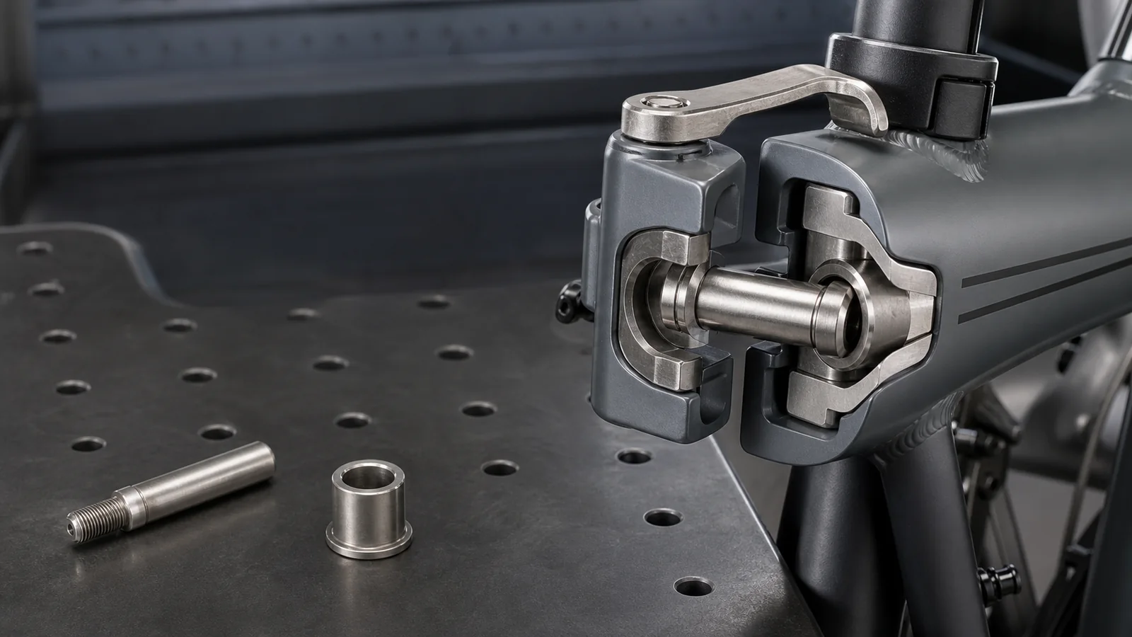 Folding bicycle frame hinge with a shoulder pin, bushings, and latch hardware