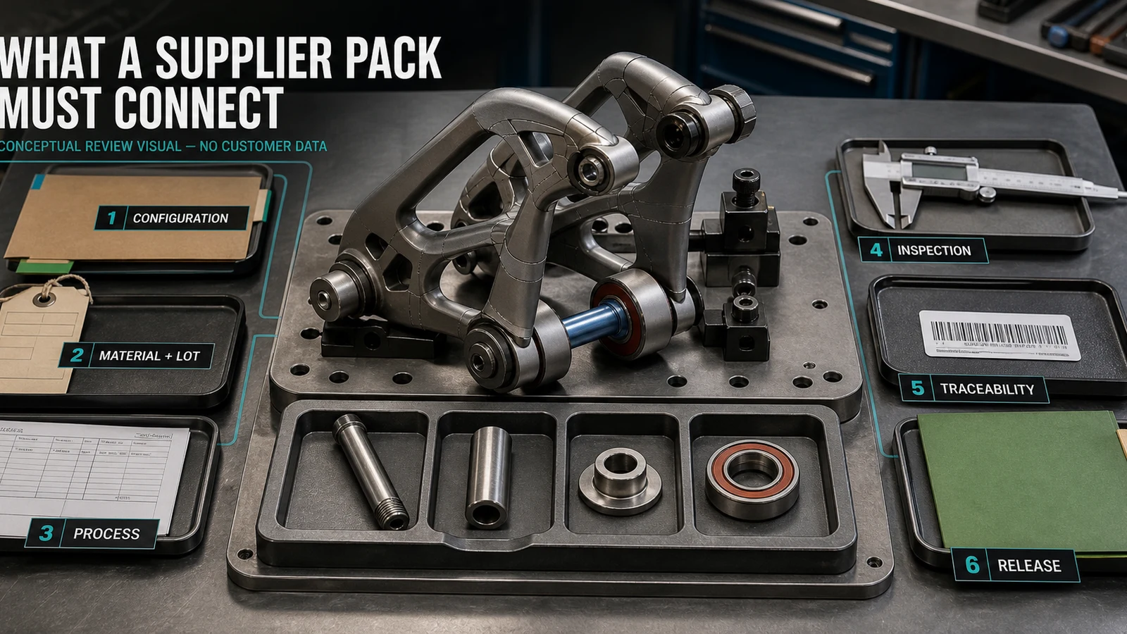 Conceptual supplier evidence-pack review bench for bicycle pivot hardware configuration, material lot, process, inspection, traceability, and release