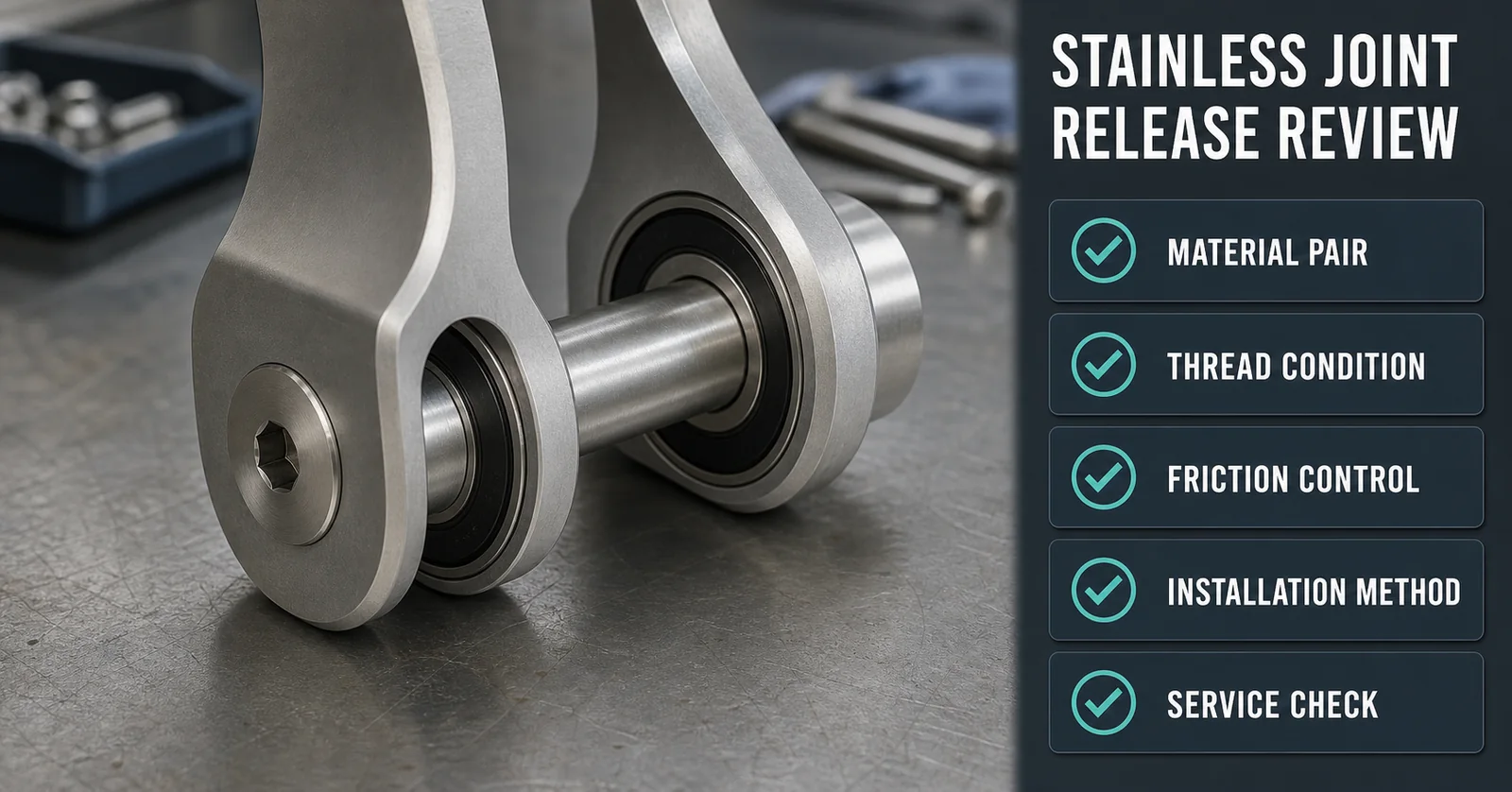 Five-point review graphic for stainless MTB pivot joint release covering material pair, thread condition, friction control, installation method, and service check