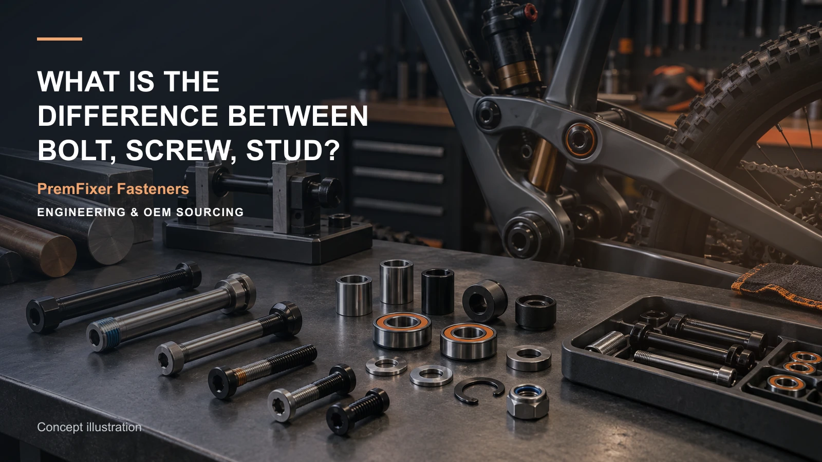 Editorial concept for bolt screw and stud terminology with cards for terminology-to-part map, functional scope statement, stud interface table.