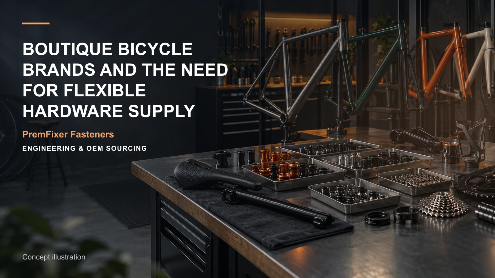Conceptual engineering workspace introducing boutique-brand hardware supply for bicycle and electric-mobility OEM teams.