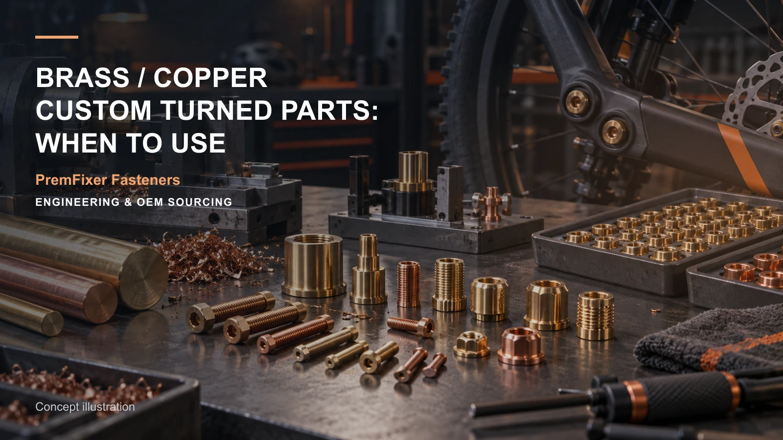 Editorial concept for brass and copper turned components with cards for conductive-part design brief, material selection record, electrical-mechanical interface map.