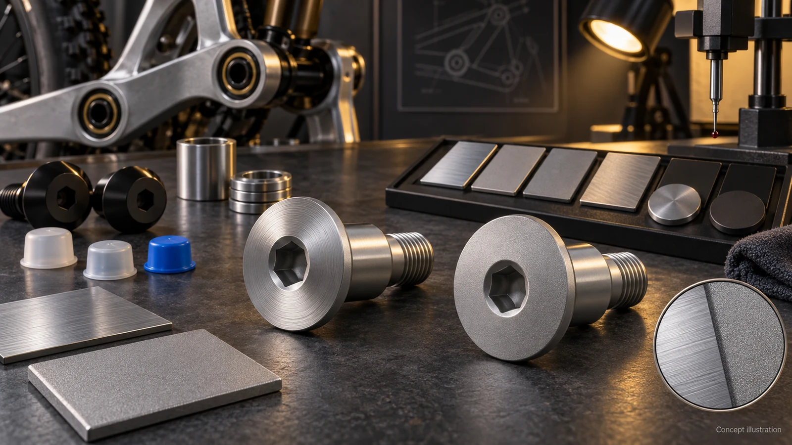 Concept illustration of directional and matte pivot heads, smooth shoulders, finish coupons and masking accessories; not production samples or measured results