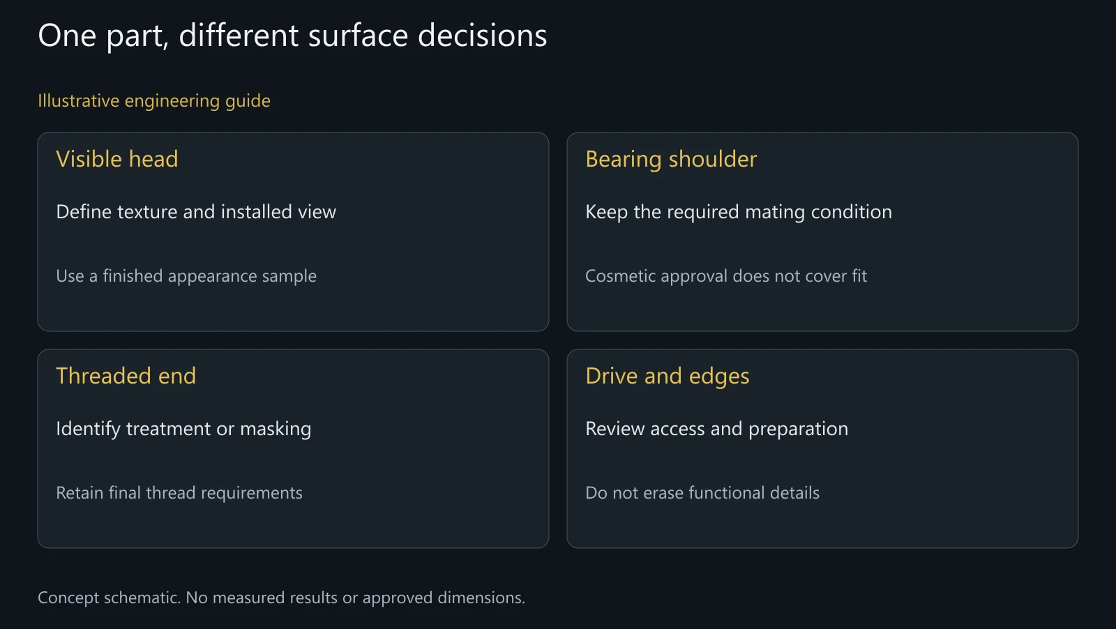 Concept surface-zone guide for an aluminum pivot. Decorative texture and functional mating requirements are separate decisions; no approved geometry is shown.