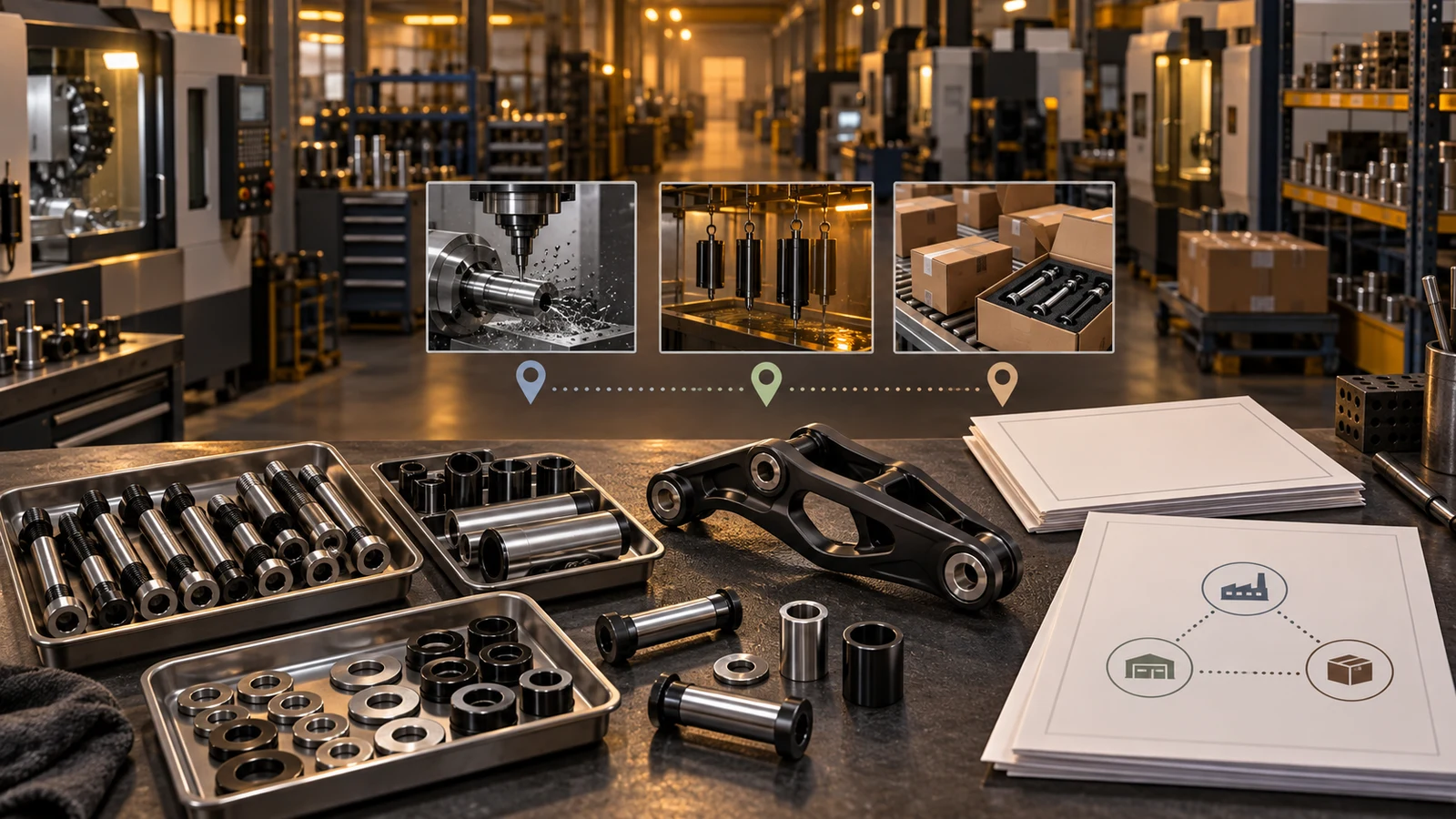 Concept trays of pivot bolts, sleeves and washers beside linkage hardware and neutral documents, with separate machining, finishing and packing vignettes; not audited-site evidence.