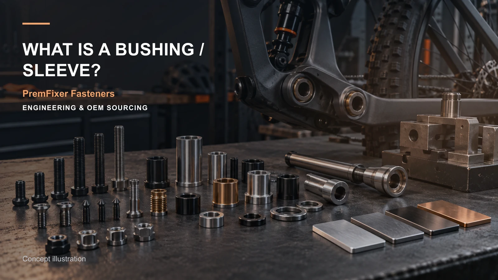 Editorial concept for bushings sleeves and spacers with cards for sleeve-and-bushing role table, fit-selection worksheet, material selection record.