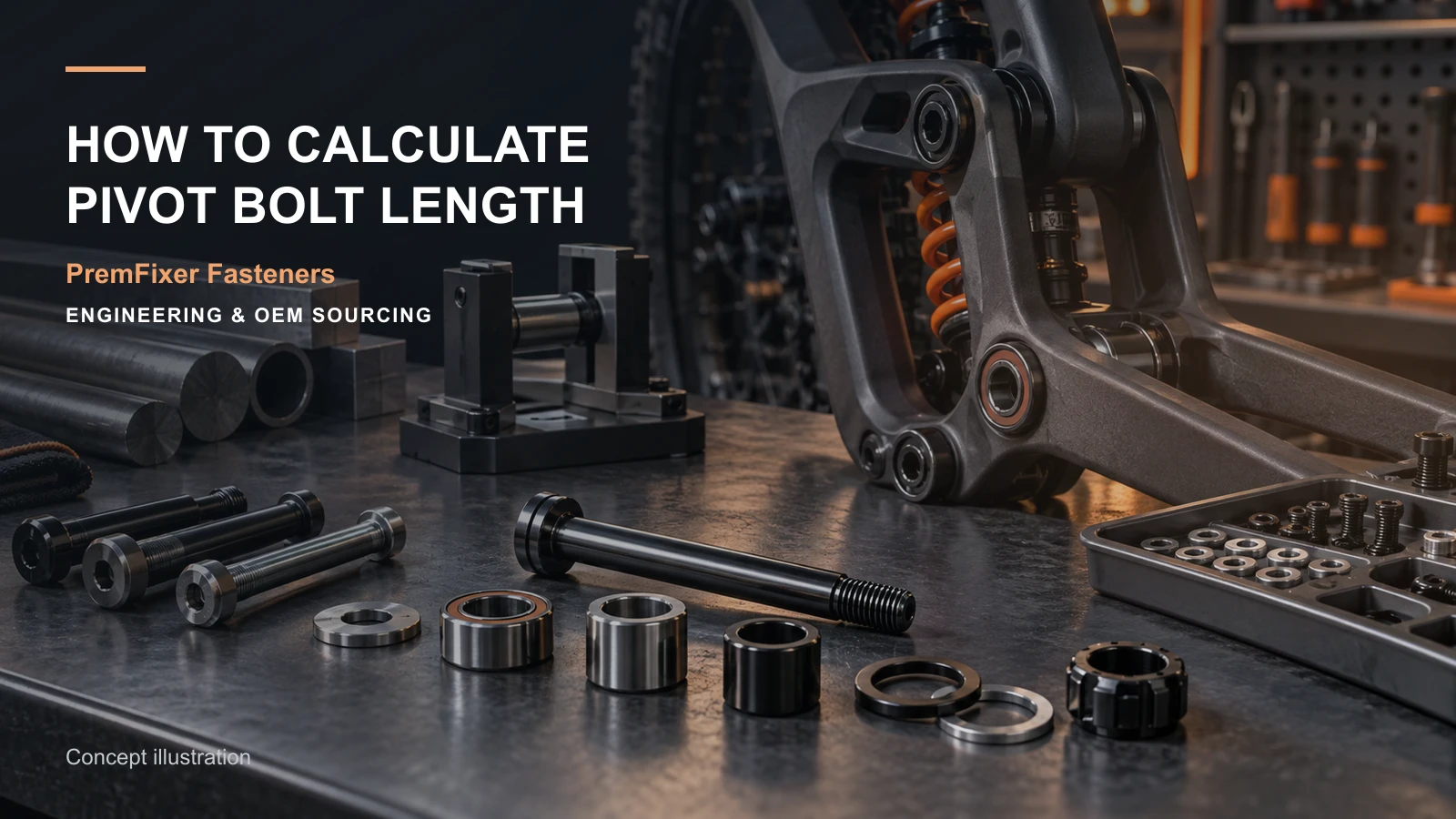 Editorial concept for calculating installed pivot bolt length with cards for installed-length worksheet, effective engagement definition, assembly stack model.