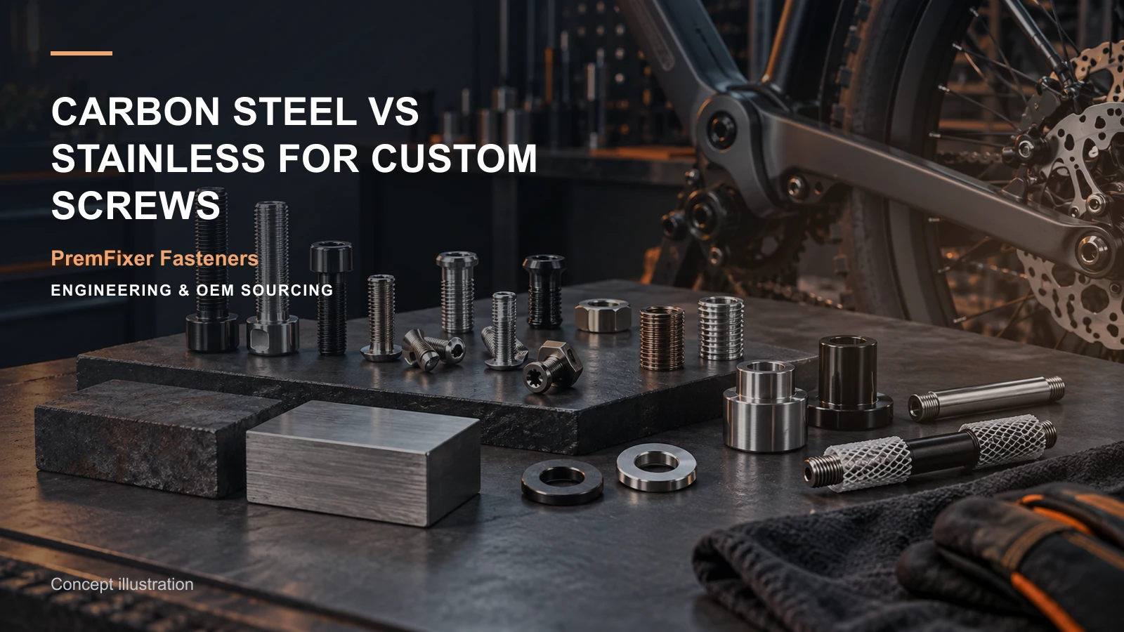 Editorial concept for carbon steel versus stainless screws with cards for material selection record, corrosion-selection factors, alloy substitution comparison.