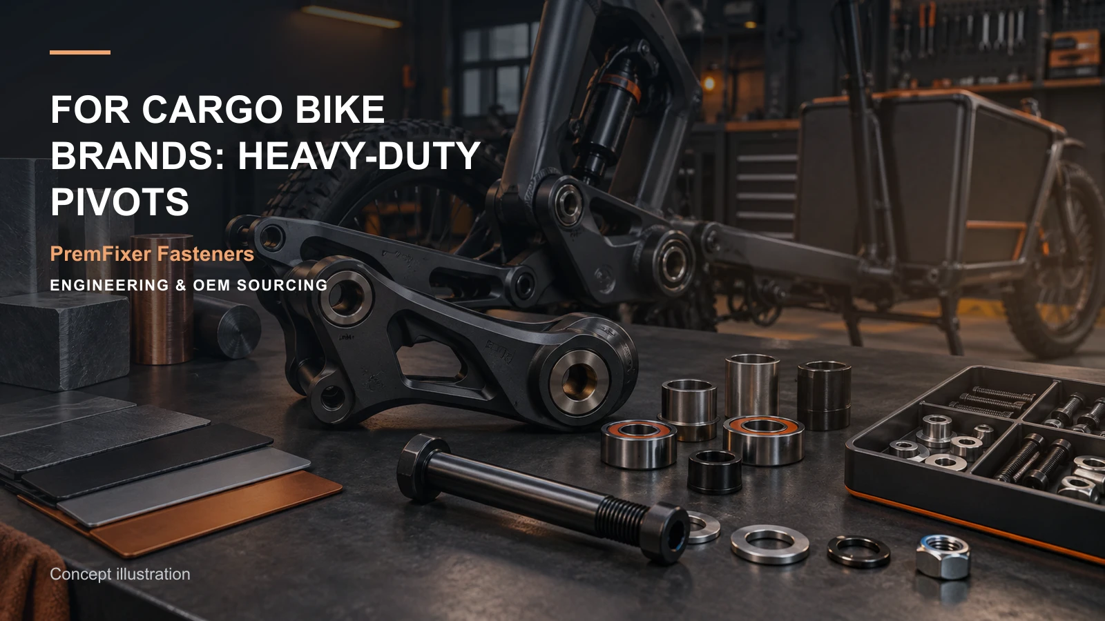 Editorial concept for cargo-bike pivot hardware with cards for heavy-duty development brief, alloy substitution comparison, heat-treatment requirement map.