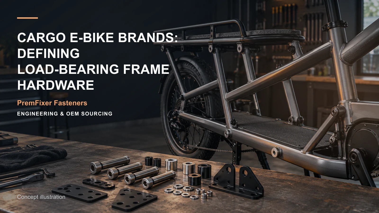 Conceptual engineering workspace introducing cargo e-bike frame hardware for bicycle and electric-mobility OEM teams.