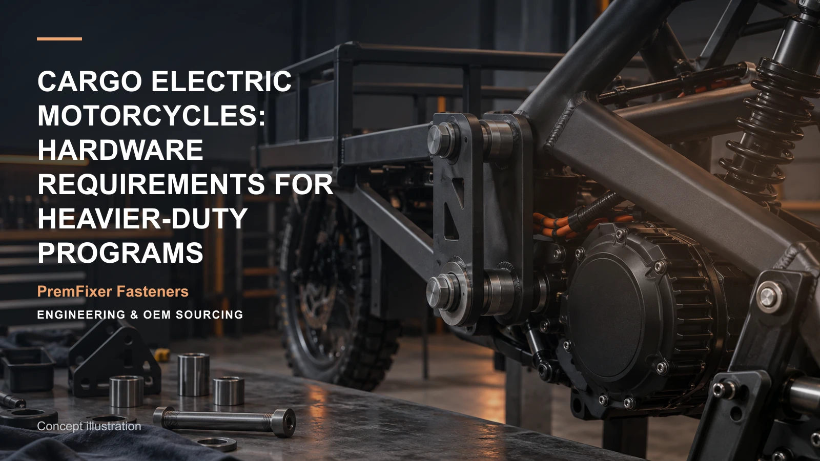 Conceptual engineering workspace introducing cargo electric-motorcycle hardware for bicycle and electric-mobility OEM teams.
