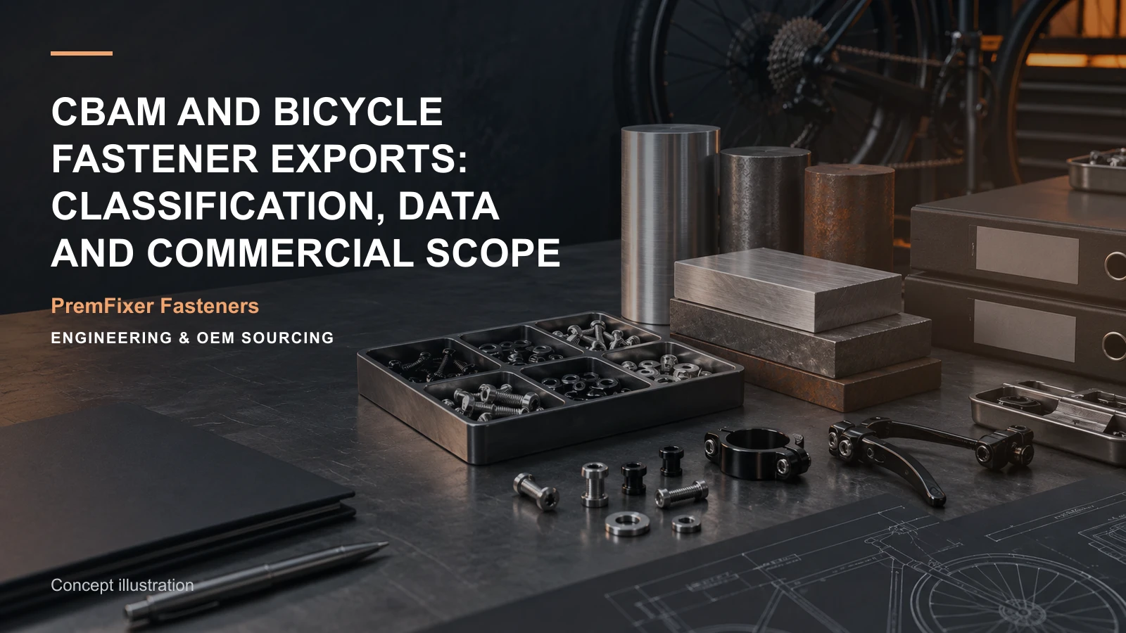 Conceptual engineering workspace introducing CBAM-related fastener information for bicycle and electric-mobility OEM teams.