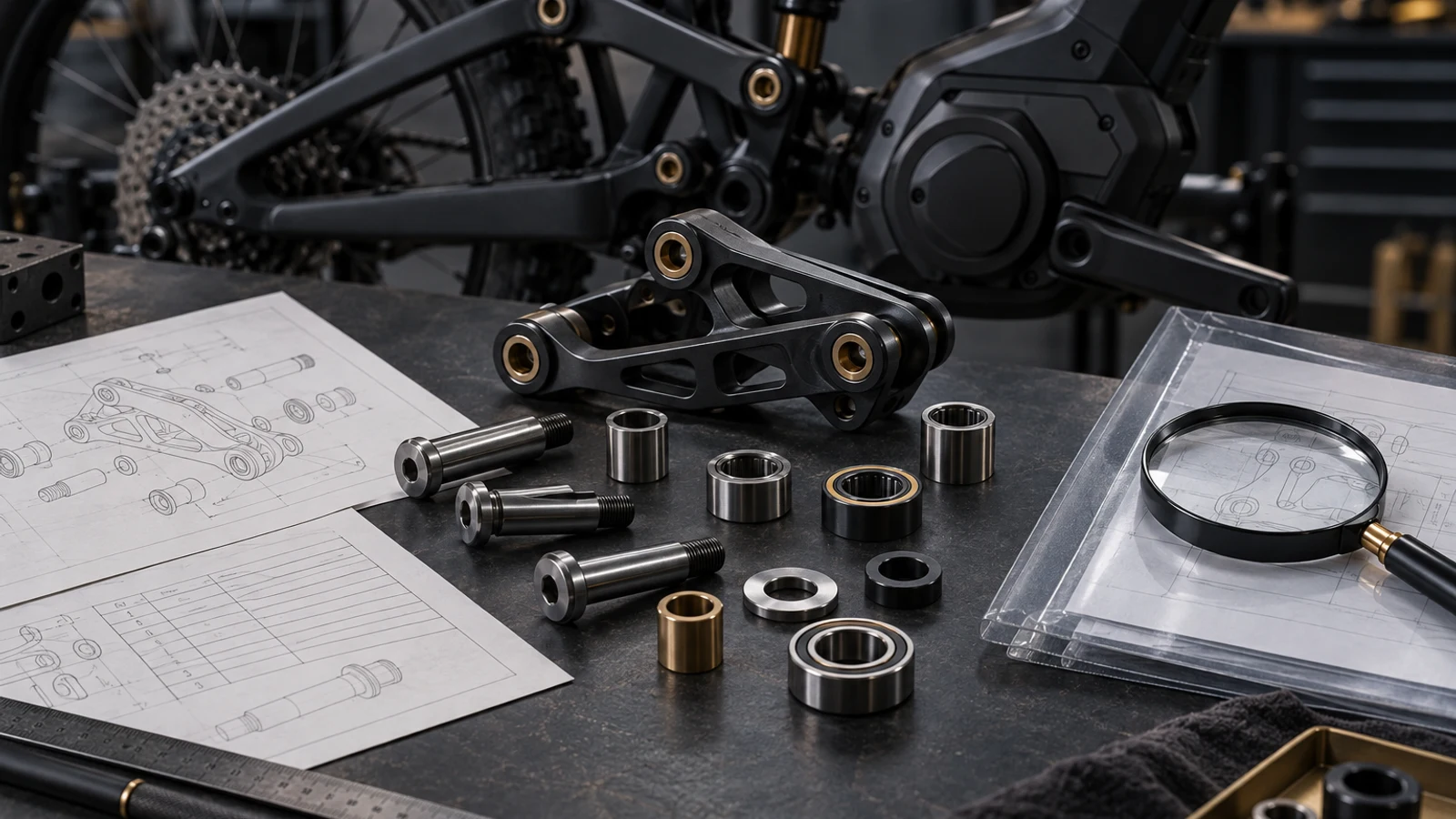 Concept document review beside bicycle pivot bolts, spacers, bearings and suspension linkage; no genuine certificate, CE marking or inspection approval depicted.