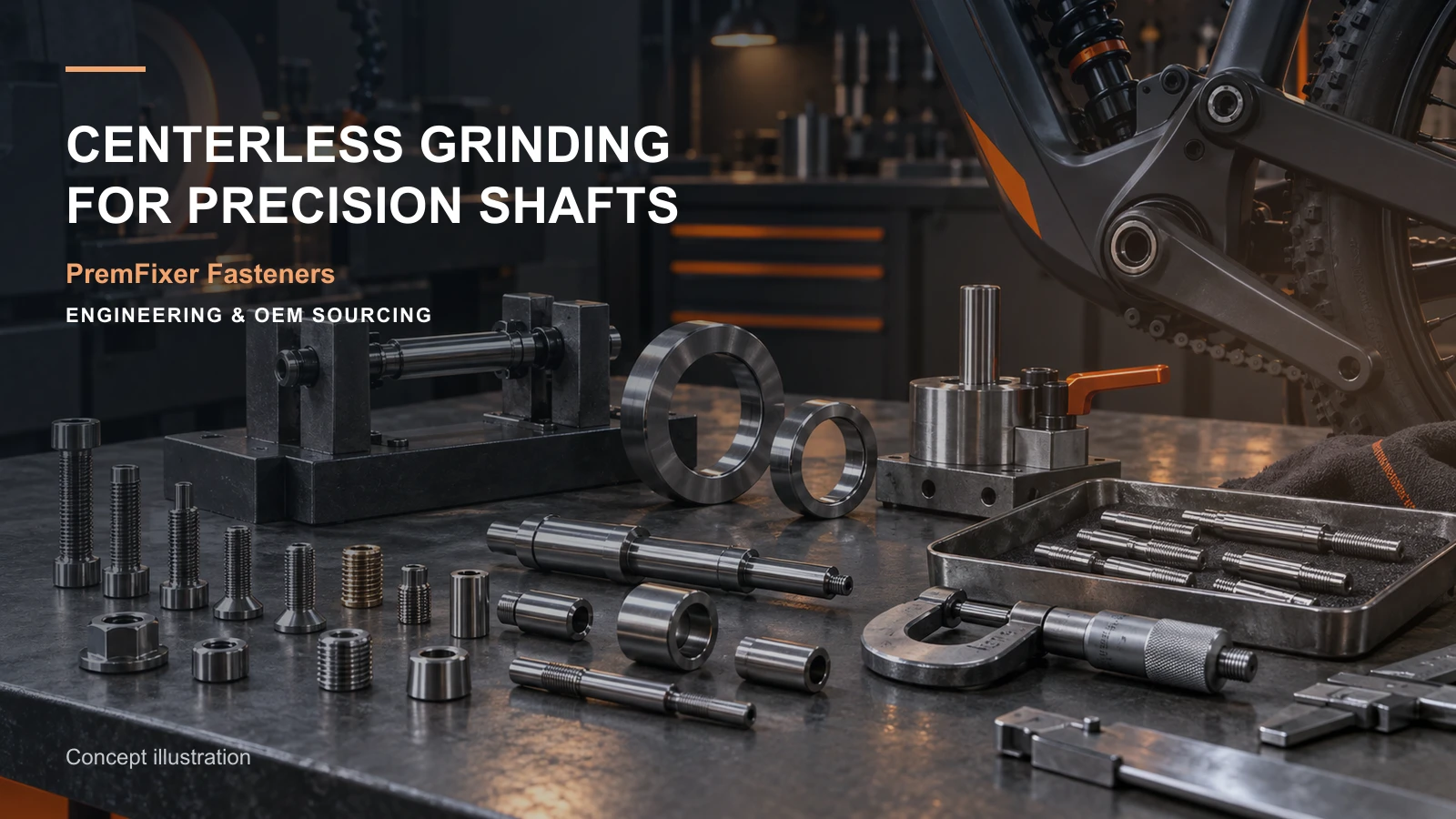Editorial concept for centerless grinding of precision shafts with cards for grinding integration map, shaft feature map, feature-to-inspection map.