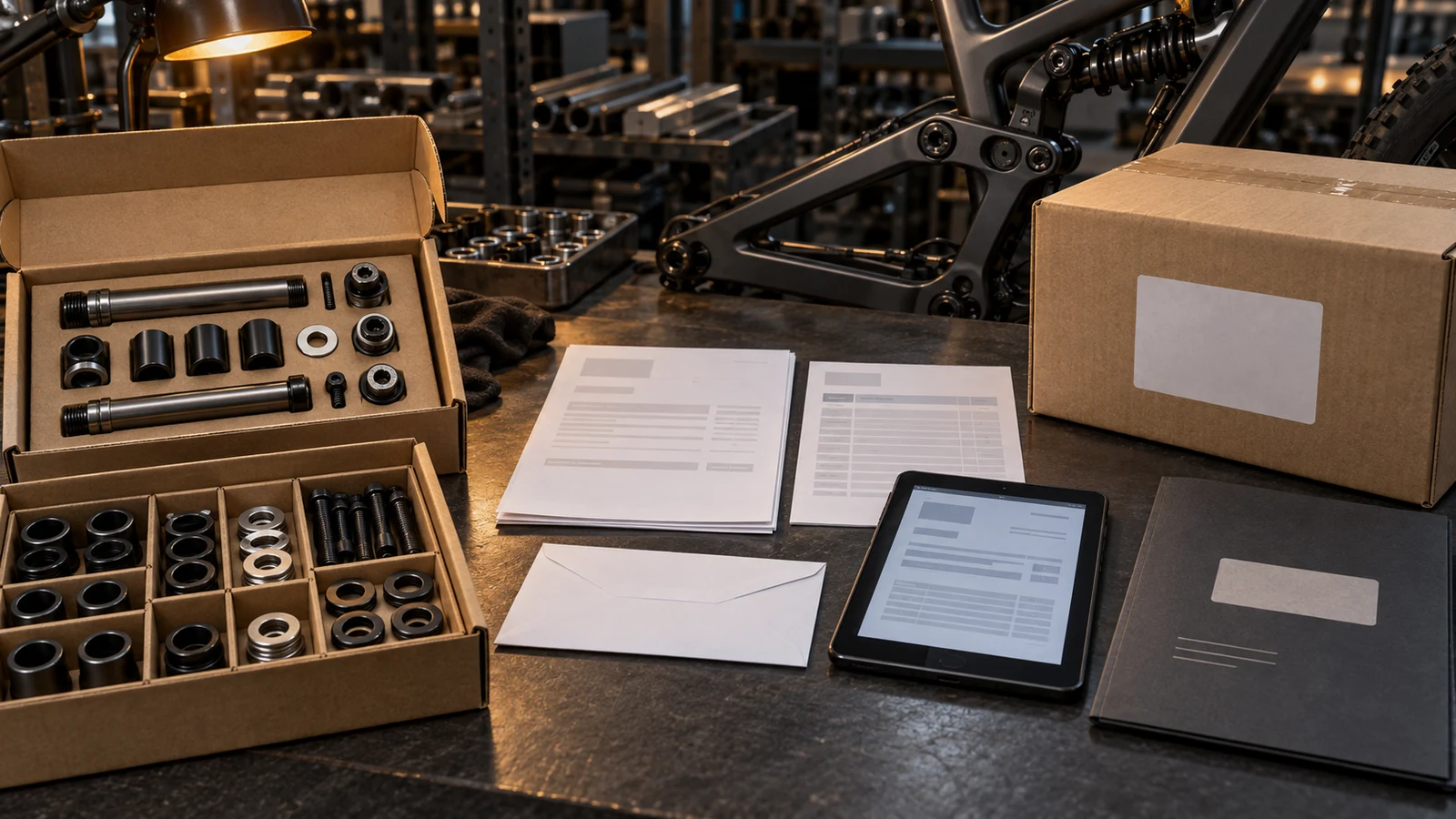 Concept export packing desk with separate pivot kit and service-part groups, neutral shipment sheets and an unprinted document folder, not an issued origin certificate or cleared shipment.