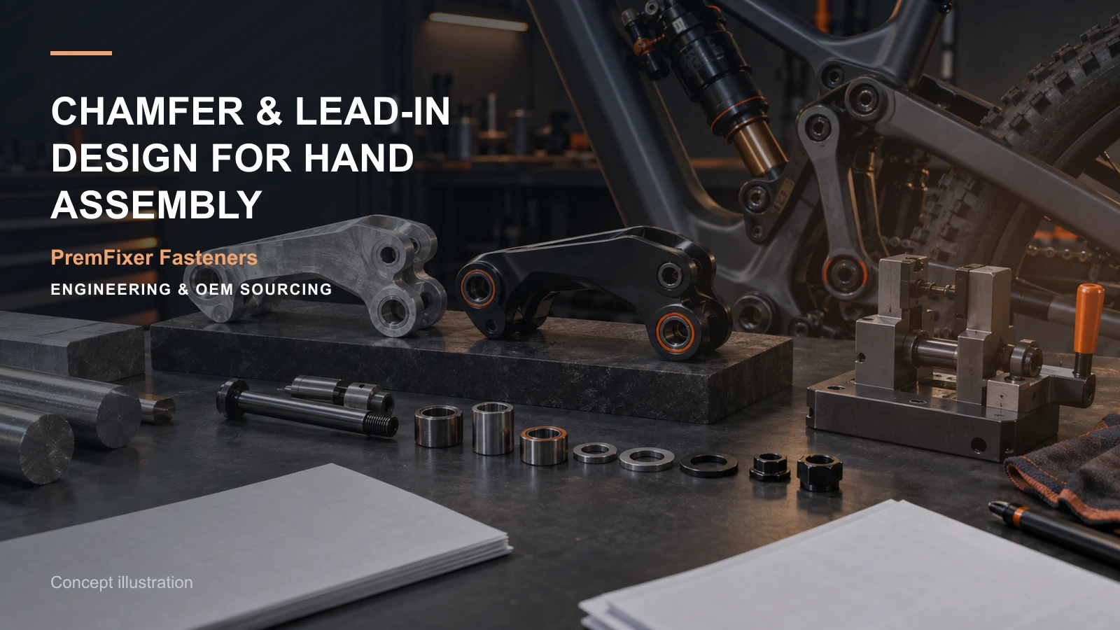 Editorial concept for chamfers and lead-ins for hand assembly with cards for lead-in requirement sketch, customization feature map, effective engagement definition.