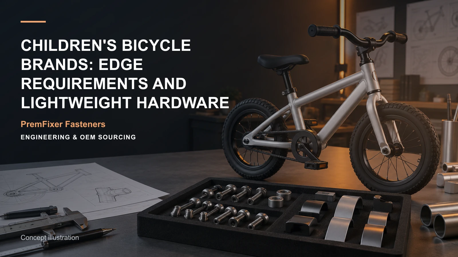 Conceptual engineering workspace introducing children’s bicycle hardware for bicycle and electric-mobility OEM teams.