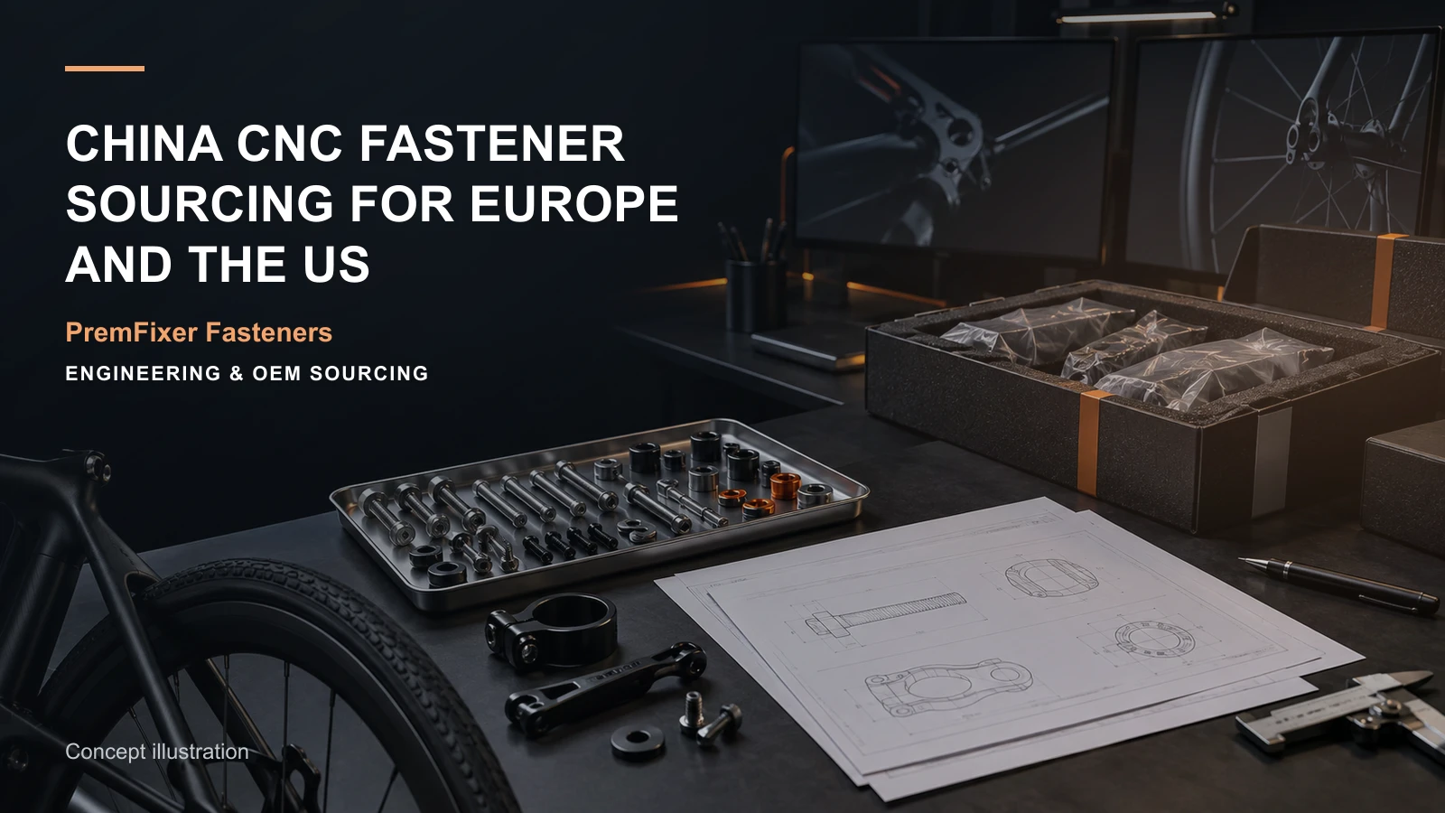 European and US bicycle engineering teams reviewing custom CNC fastener drawings, samples and cross-border delivery from China.