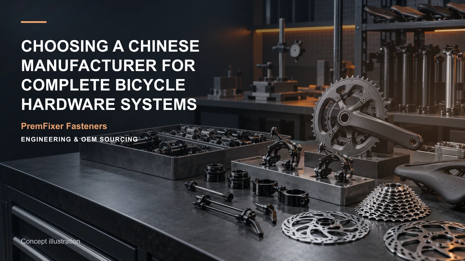 Concept illustration connecting complete hardware scope, material options and integrated route in a bicycle hardware project.