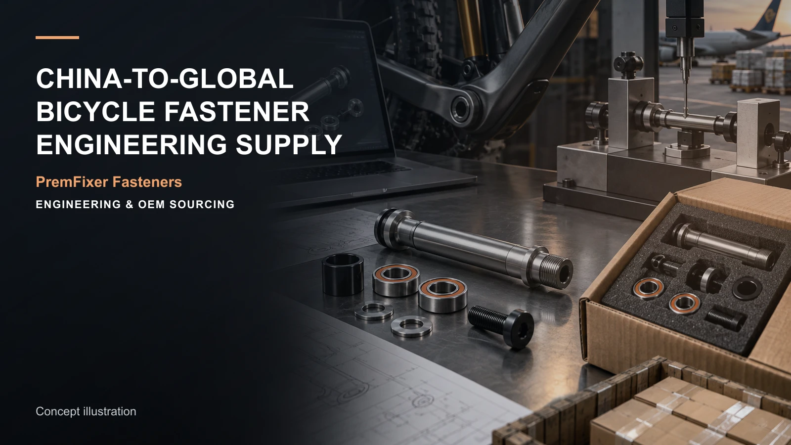 Bicycle pivot hardware moving from engineering model and machining inspection into protected export packaging.