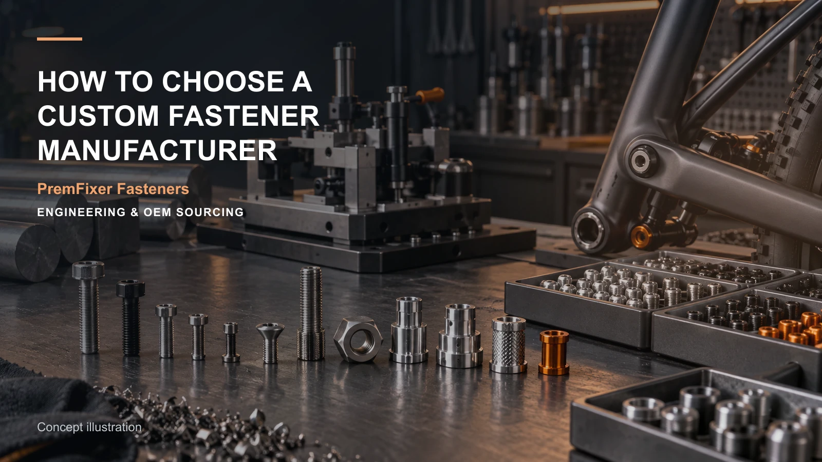 Editorial concept for choosing a custom fastener manufacturer with cards for supplier introduction pathway, functional scope statement, capacity-to-delivery plan.