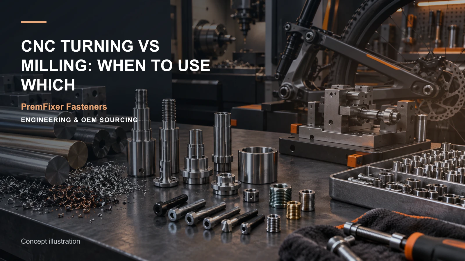 Editorial concept for choosing CNC turning or milling with cards for shaft feature map, combined-route map, workholding concept and setup record.