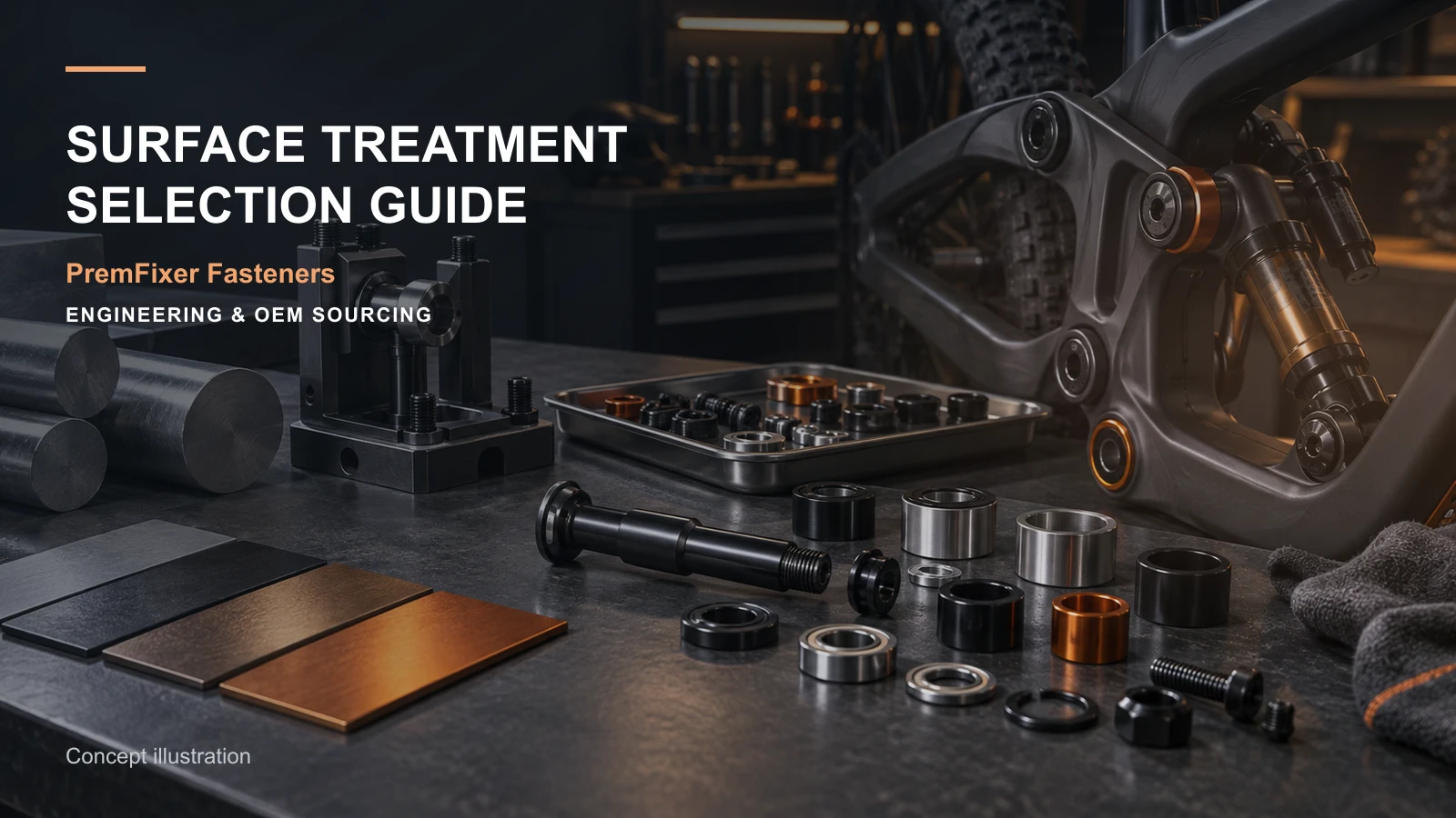 Editorial concept for choosing pivot surface treatment with cards for finish selection table, material selection record, allowance-and-finished-size map.