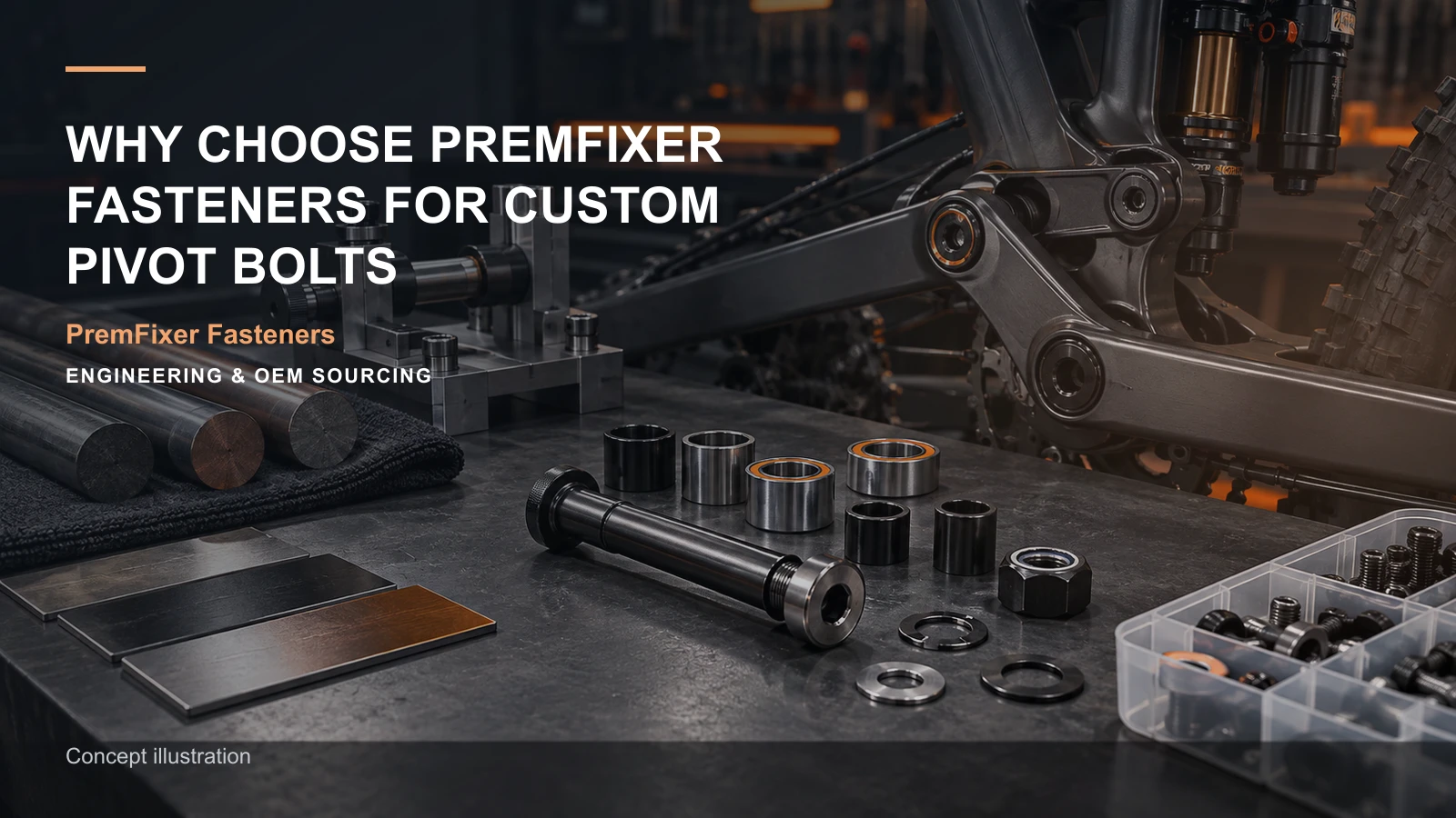 Editorial concept for choosing PremFixer Fasteners for pivot development with cards for functional scope statement, kit compatibility statement, dfm change table.