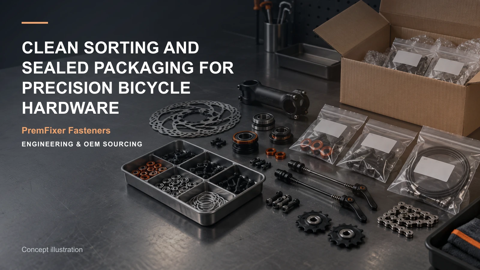 Concept illustration connecting clean sorting area concept, sealed bags and divided tray in a bicycle hardware project.