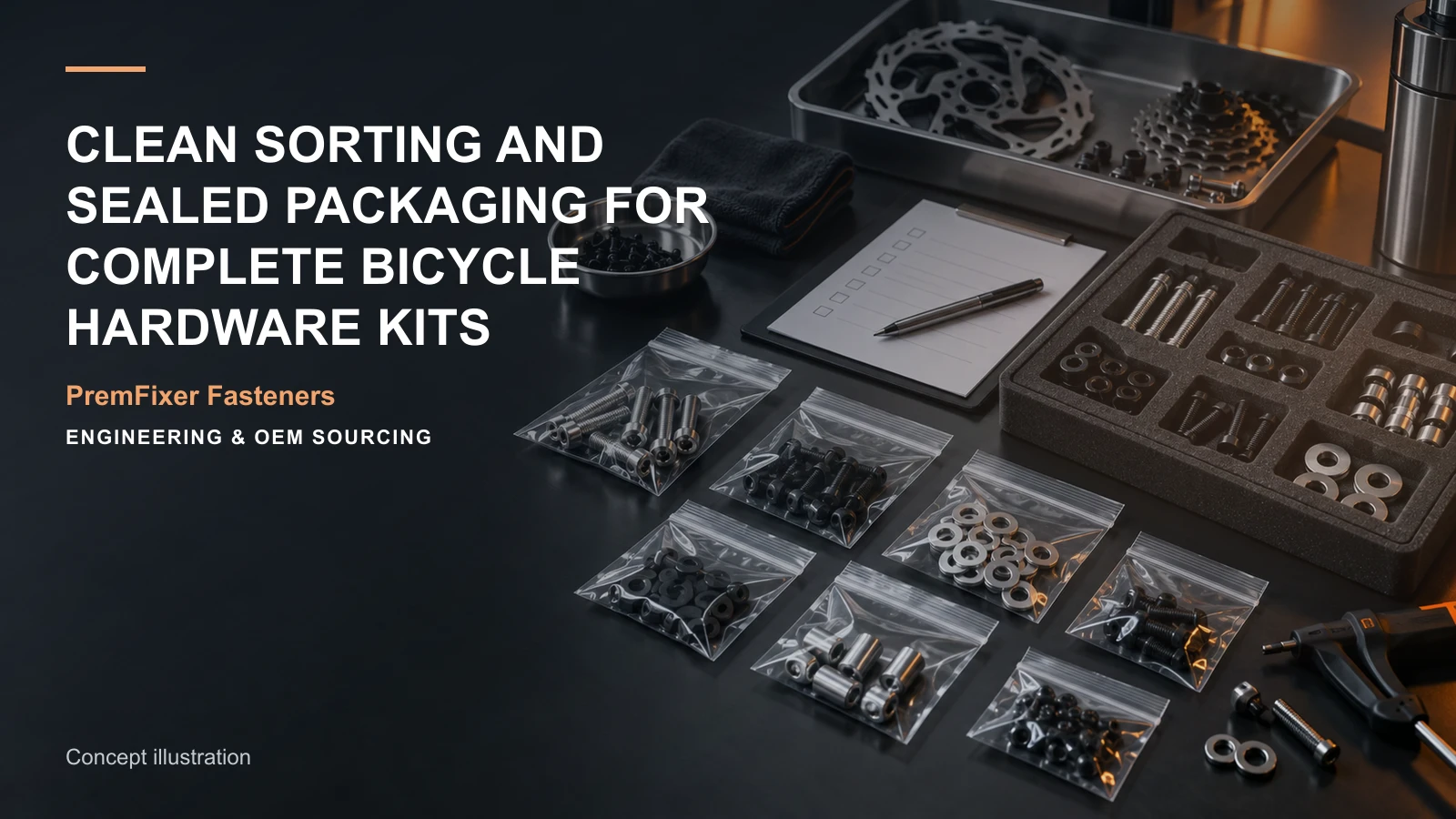 Concept illustration connecting kit sorting, divided tray and individual sealed bag in a bicycle hardware project.