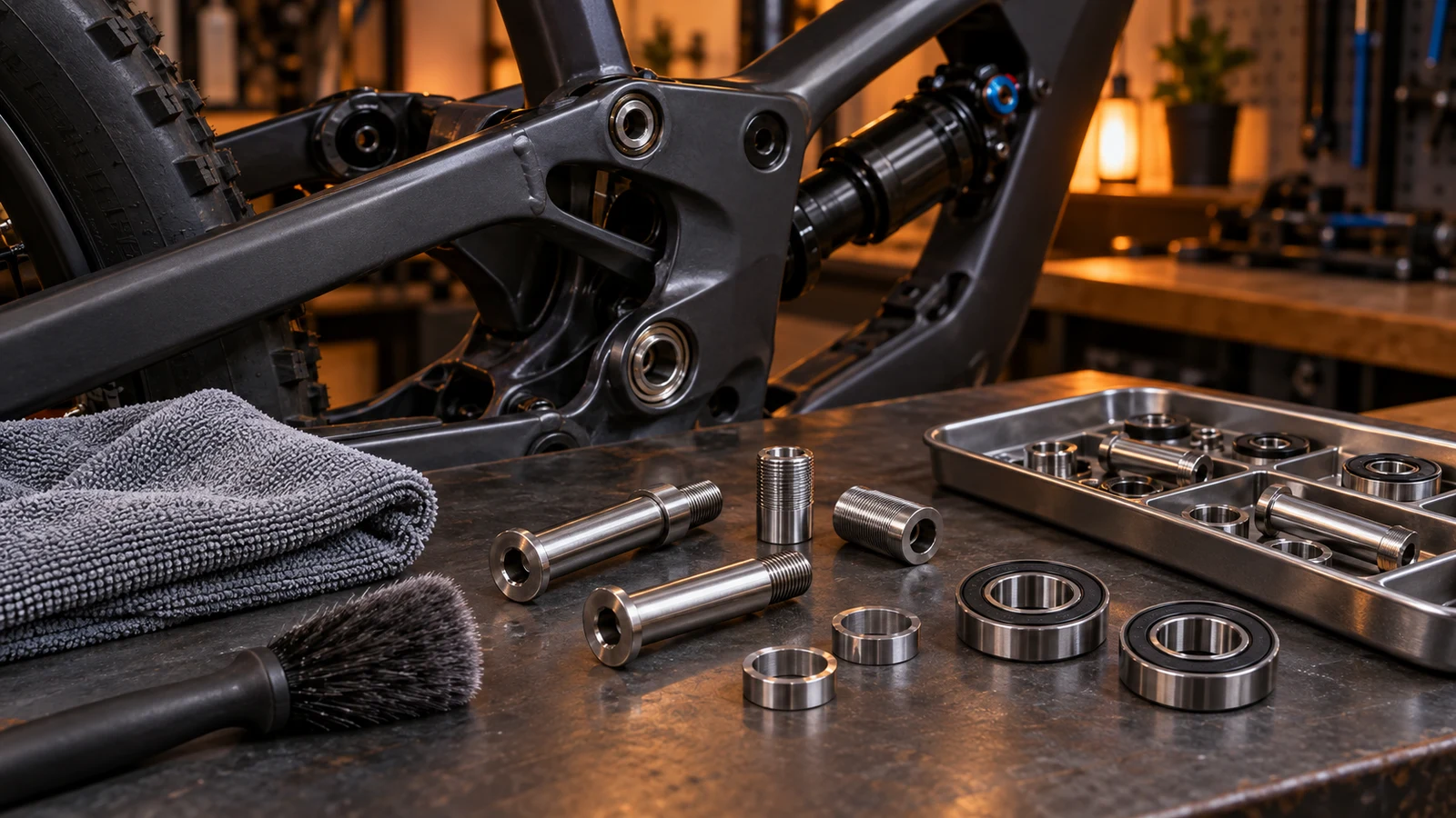 Concept illustration of a bicycle pivot beside separate stainless hardware, clean cloths and a soft brush on a service bench