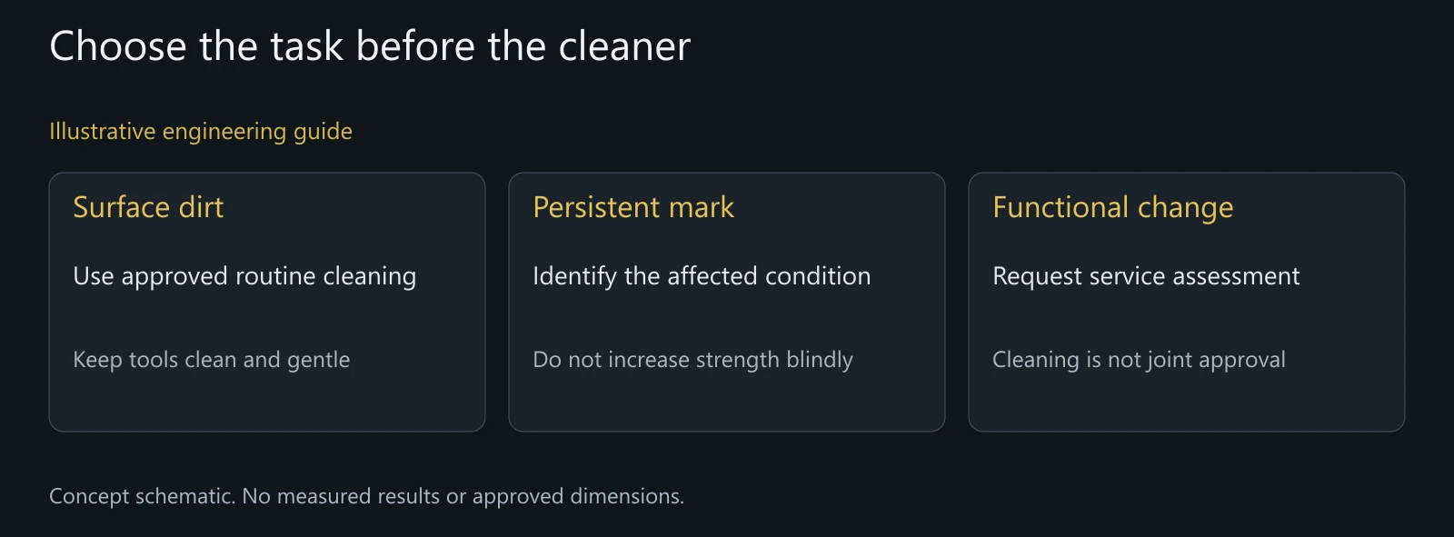 Illustrative decision map separating routine cleaning, stain assessment and a functional service concern.