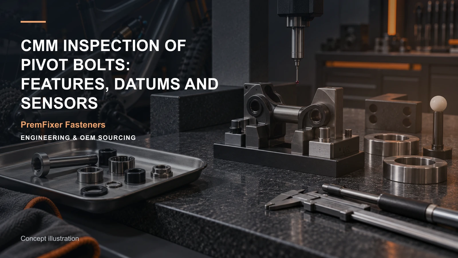 Concept illustration for CMM Inspection of Pivot Bolts: Features, Datums and Sensors.