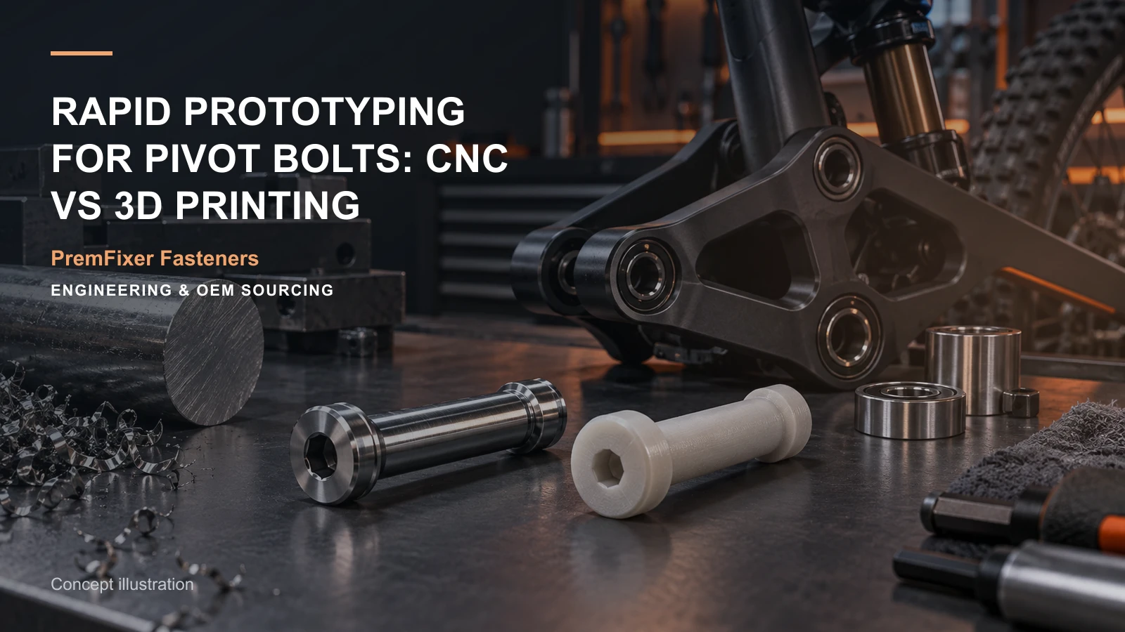 Editorial concept for CNC and printed pivot prototypes with cards for prototype-method comparison, sample allocation table, material selection record.
