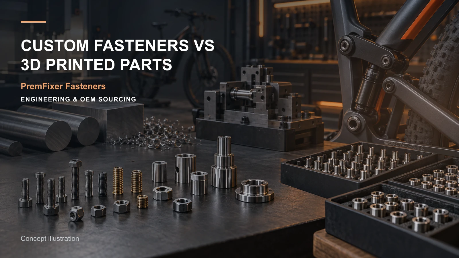 Editorial concept for CNC custom parts versus additive parts with cards for prototype-method comparison, material selection record, feature-to-inspection map.
