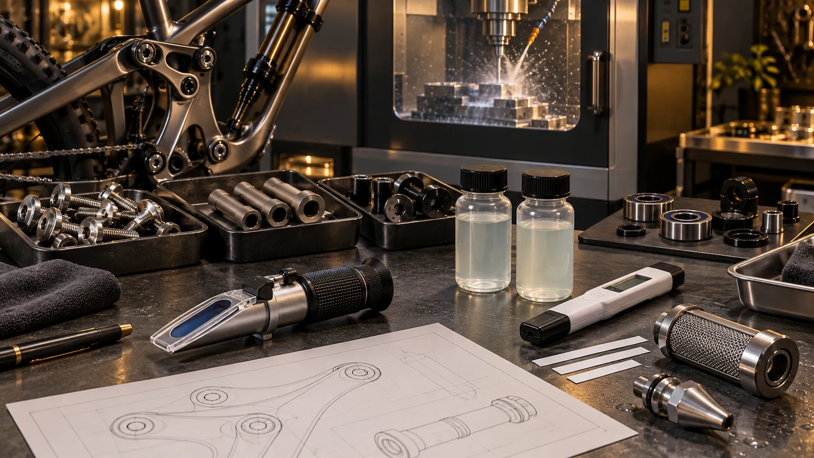 Concept pivot hardware, closed fluid samples, unused refractometer and filter references, not actual monitoring records or a company coolant system