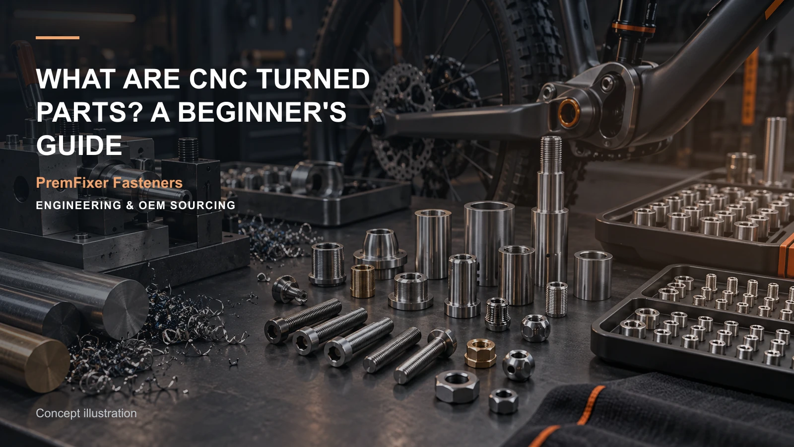 Editorial concept for CNC turned part fundamentals with cards for terminology-to-part map, shaft feature map, sleeve-and-bushing role table.