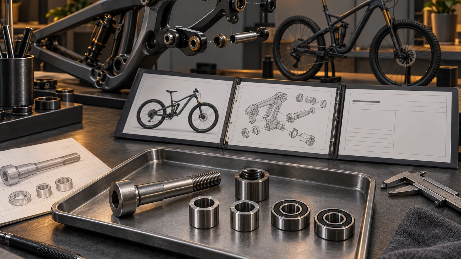 Concept display of a custom pivot, spacers and bicycle linkage beside separate product and component review documents, not Taiwan certification, measured parts or an actual factory photograph.