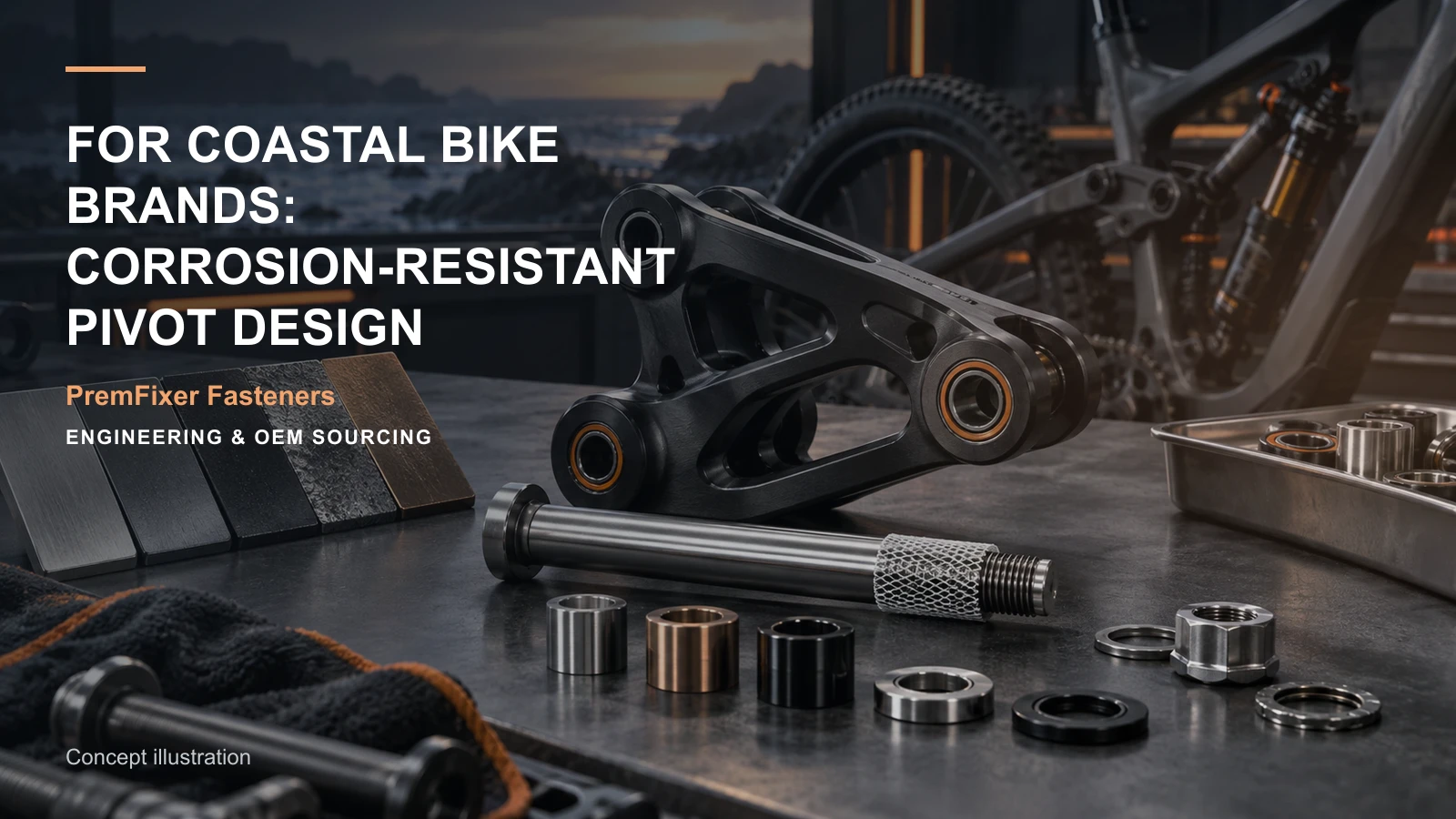 Editorial concept for coastal pivot corrosion protection with cards for corrosion-selection factors, corrosion-test interpretation table, finish selection table.