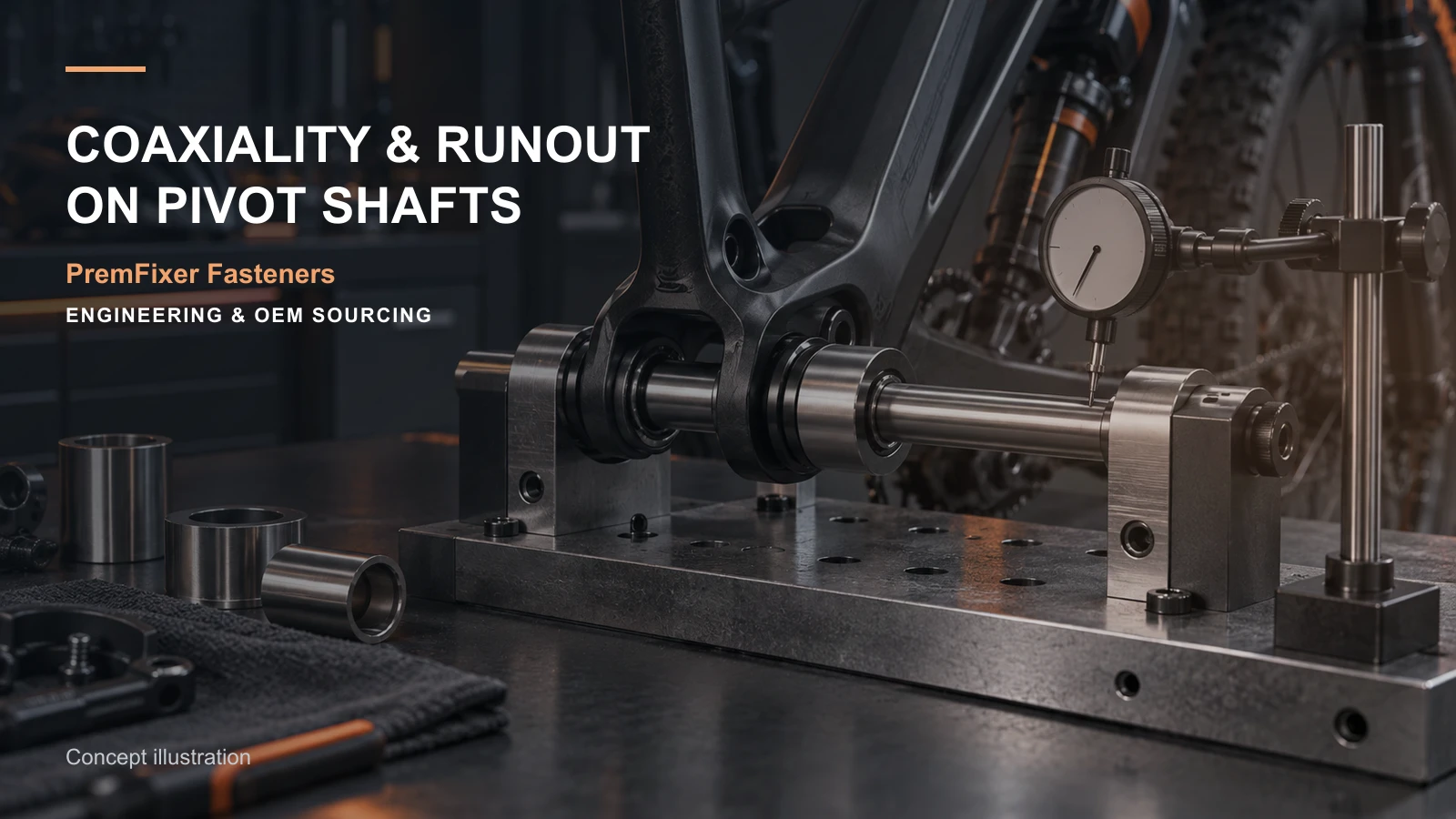 Editorial concept for coaxiality and runout on pivot shafts with cards for geometry-method comparison, feature-to-inspection map, workholding concept and setup record.