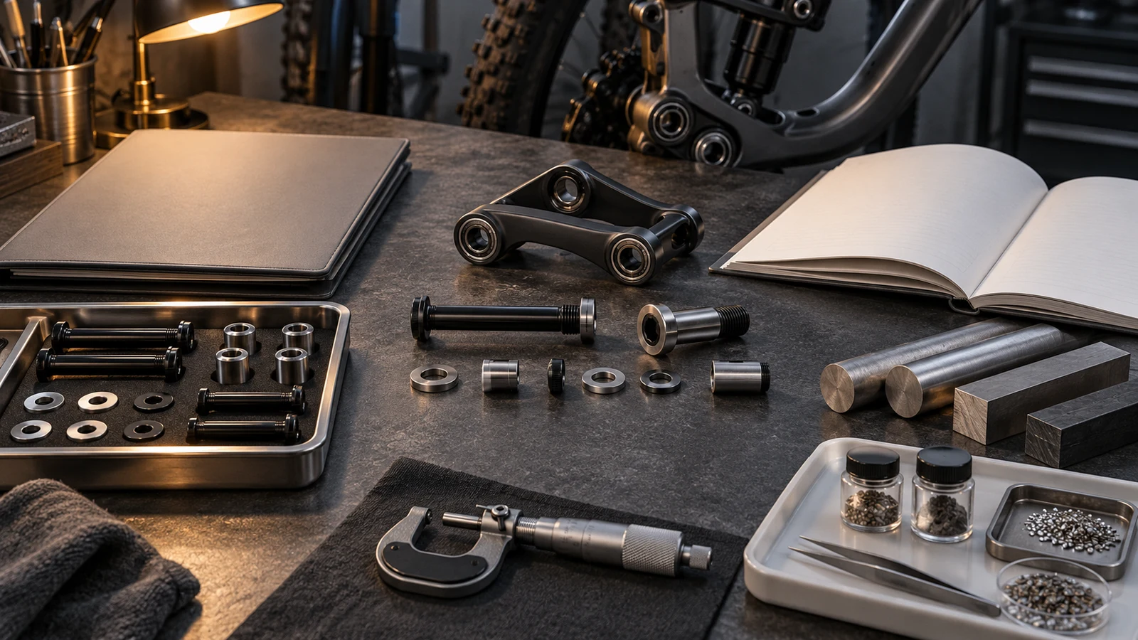 Concept pivot hardware review desk with separate neutral declaration and analysis folders, stock samples and a micrometer, not actual issued certificates or laboratory results.