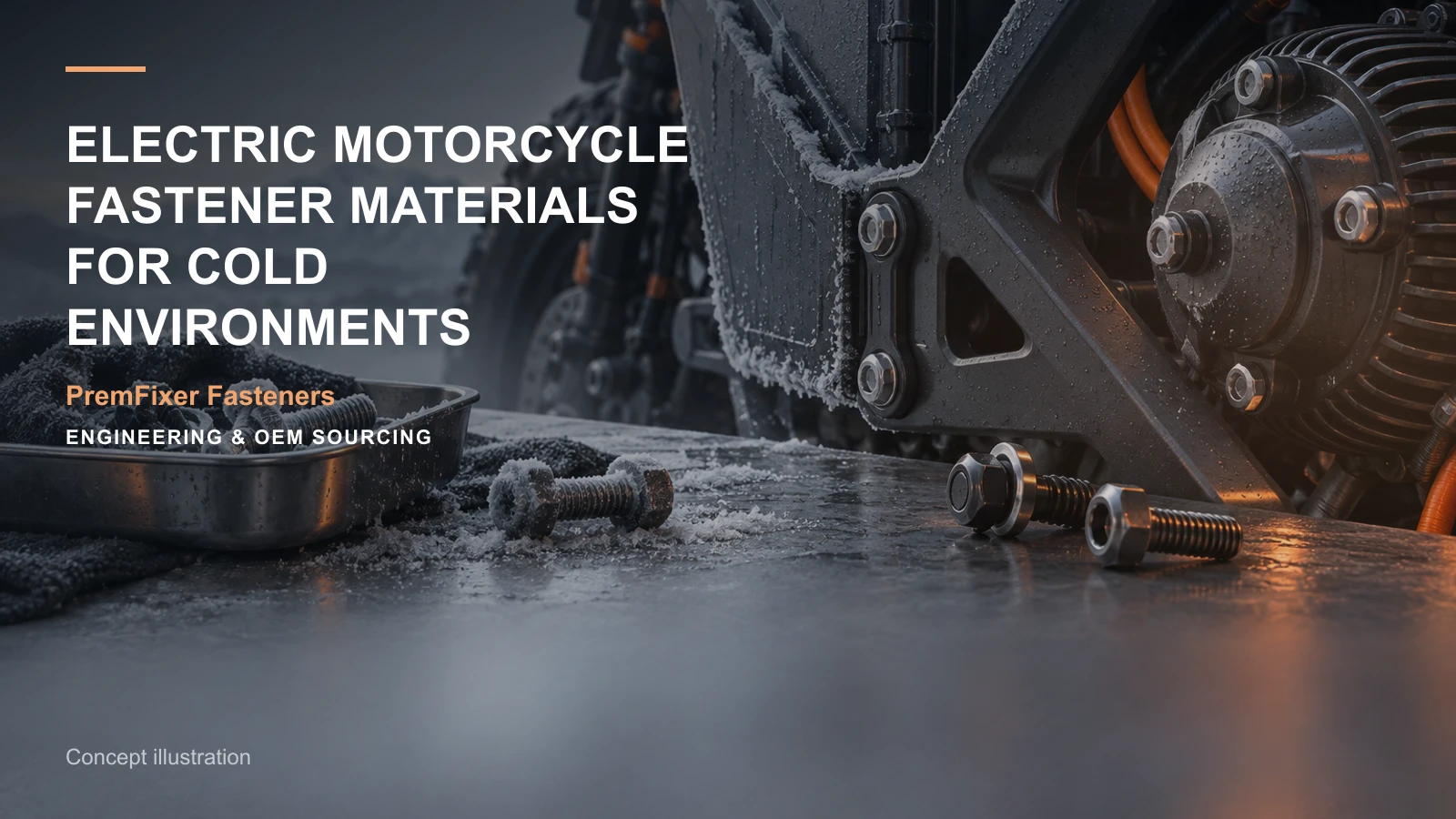 Concept illustration for Electric Motorcycle Fastener Materials for Cold Environments.