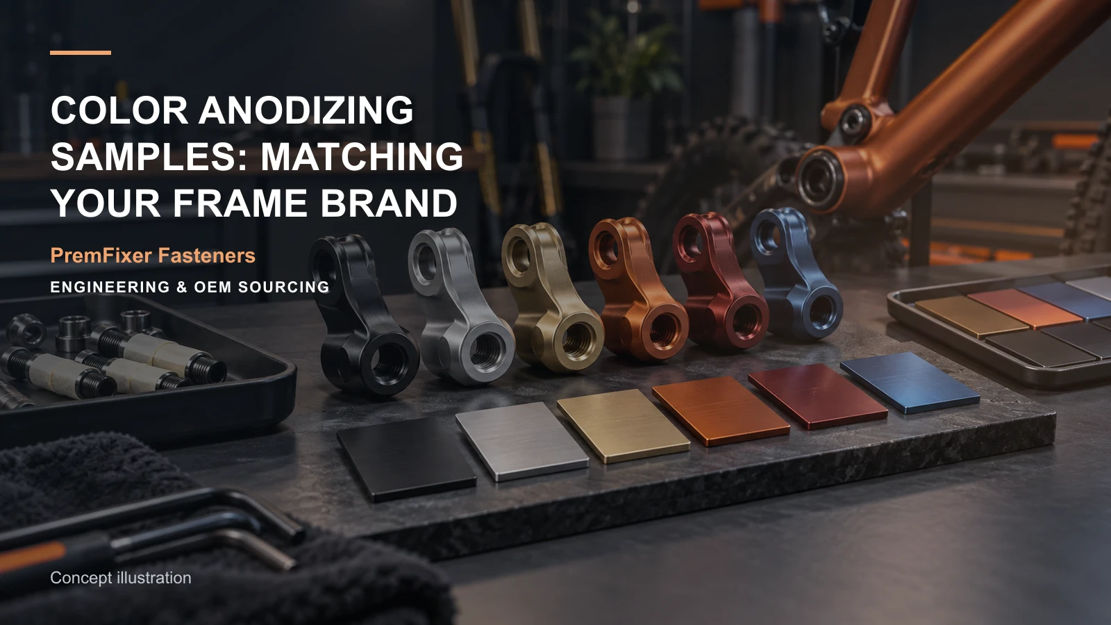 Editorial concept for color samples for anodized frame hardware with cards for appearance approval map, allowance-and-finished-size map, cosmetic acceptance guide.