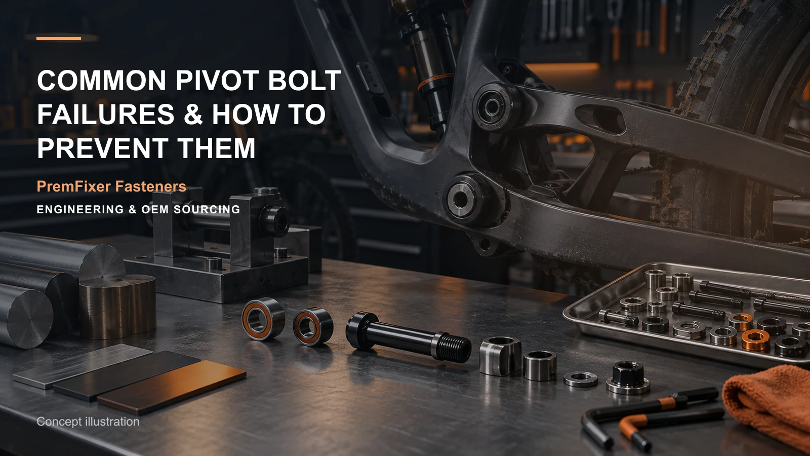 Editorial concept for common pivot hardware failure modes with cards for failure-investigation map, clamp-and-adjustment distinction, fatigue-test specification map.