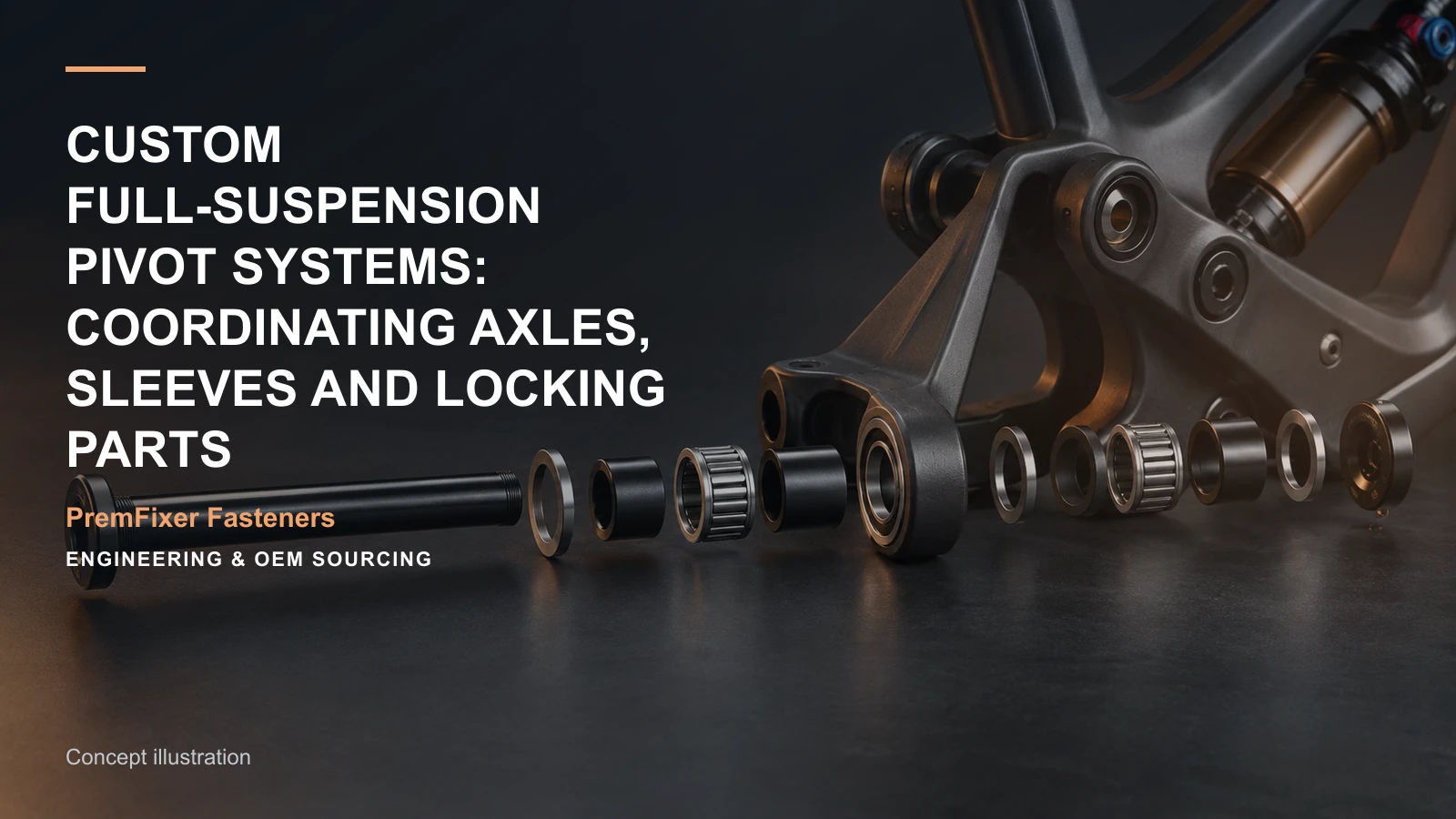 Concept illustration connecting main pivot, rocker hardware and sleeves in a bicycle hardware project.