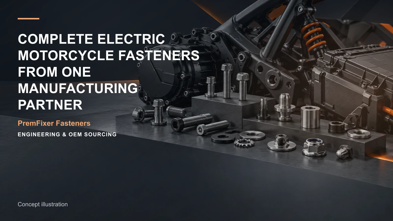 Concept illustration for Complete Electric Motorcycle Fasteners from One Manufacturing Partner.